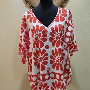 Floral V-Neck Red and White Women's Top